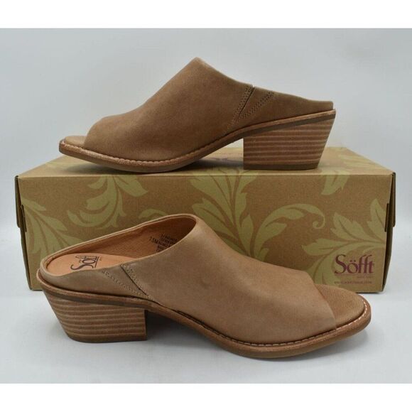 Sofft Women Sz 8 Aneesa Light Taupe Leather Slip On Heeled Mules Sandals Shoes - Picture 4 of 12